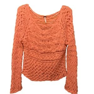 Free People crop Crochet Spring Pullover Sweater, salmon NWOT
